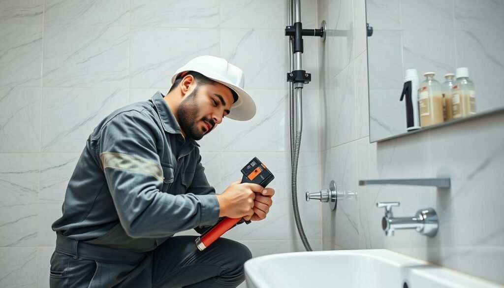 فني صحي الوفرة يقوم بإصلاح تسرب مياه في حمام