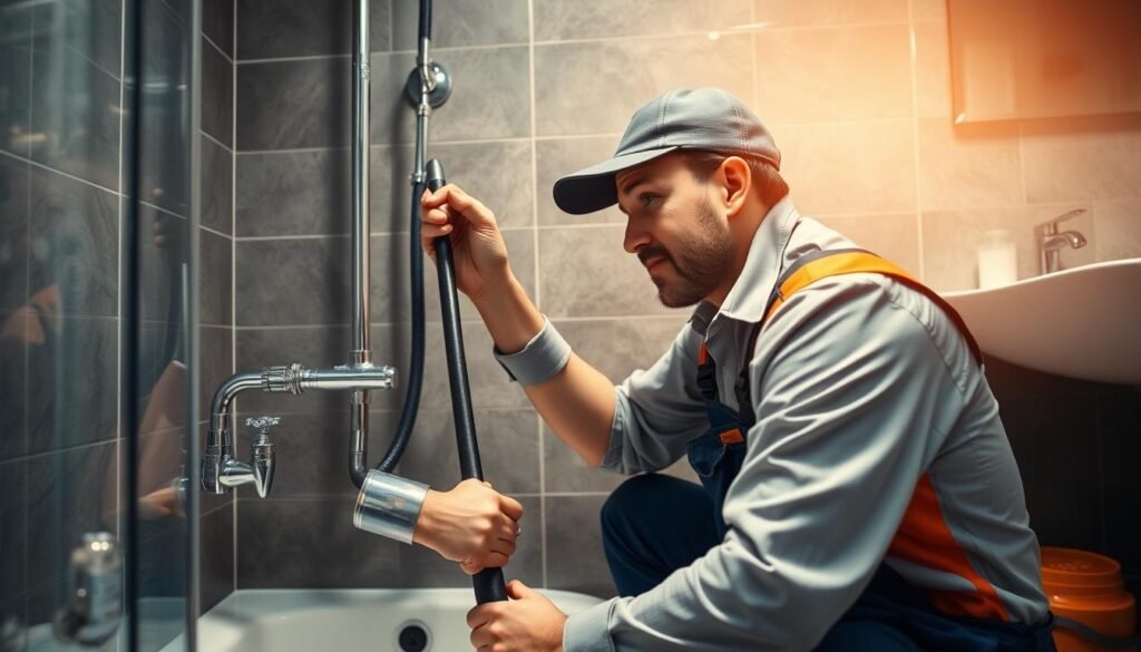 فني صحي خيران يقوم بإصلاح تسريب مياه في حمام