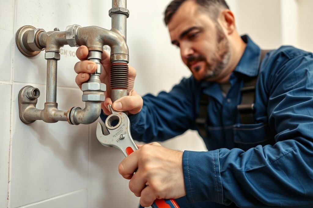 فني صحي يقوم بإصلاح تسرب في أنابيب المياه فني صحي يقوم بإصلاح تسرب في أنابيب المياه