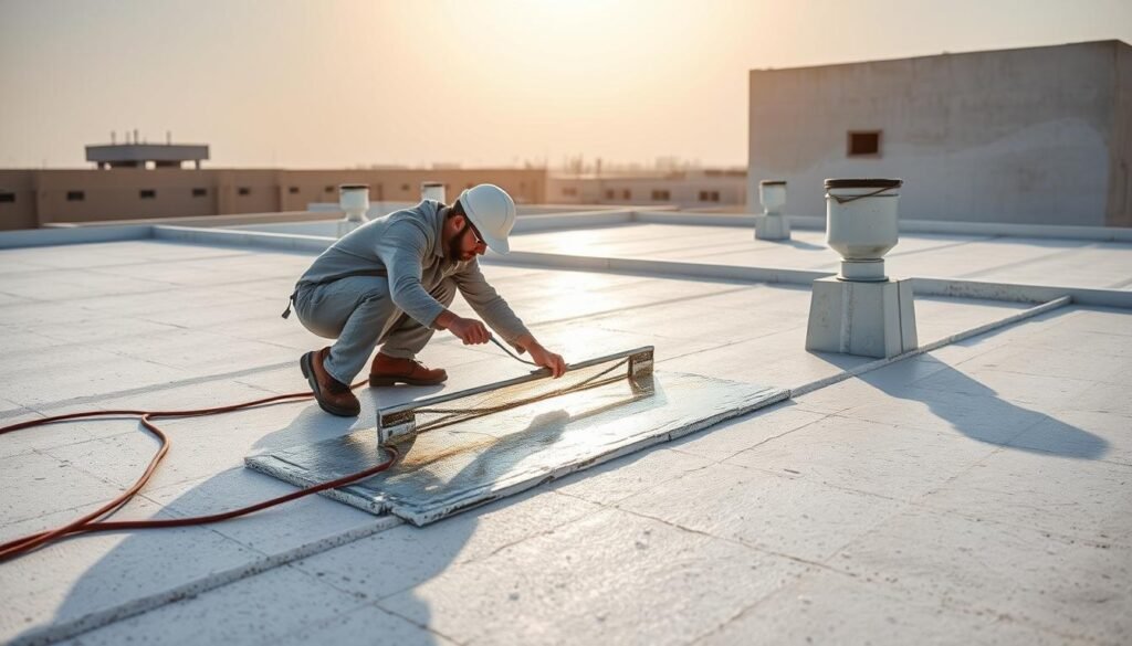 عازل اسطح حولي - عامل يقوم بتطبيق عزل مائي على سطح منزل في الكويت