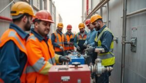 فريق مقاول صحى متخصص يعمل في مشروع كبير