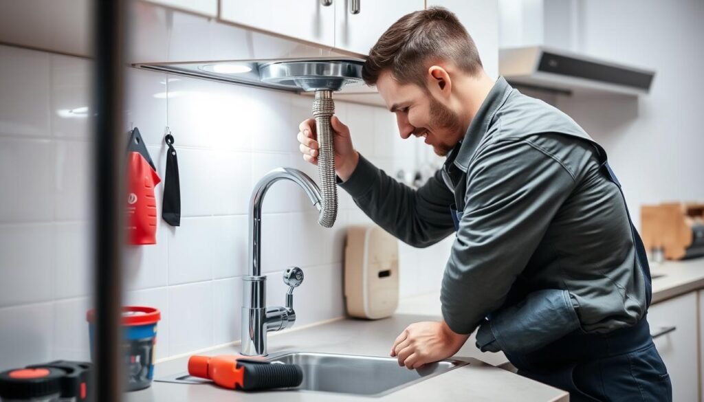 فني صحي الجليعة يقوم بإصلاح تسرب مياه في منزل