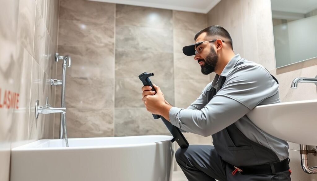 فني صحي الدعية يقوم بإصلاح تسريب مياه في حمام