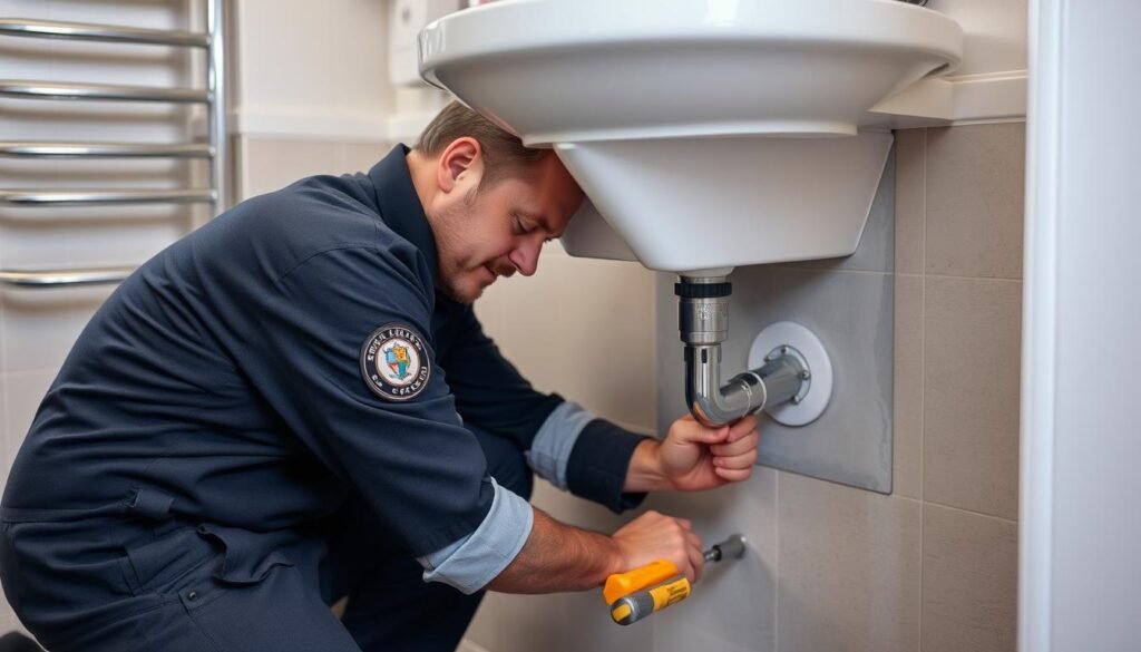 فني صحي الرحاب يقوم بإصلاح تسربات المياه