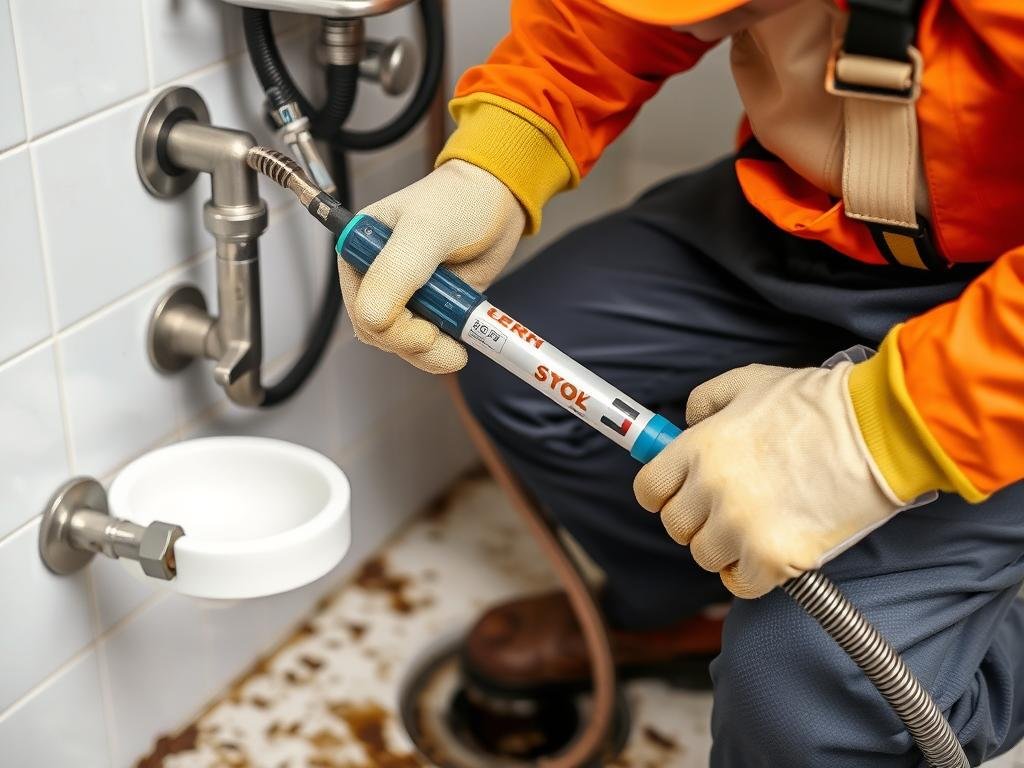 فني صحي الرحاب يقوم بتسليك مجاري مسدودة