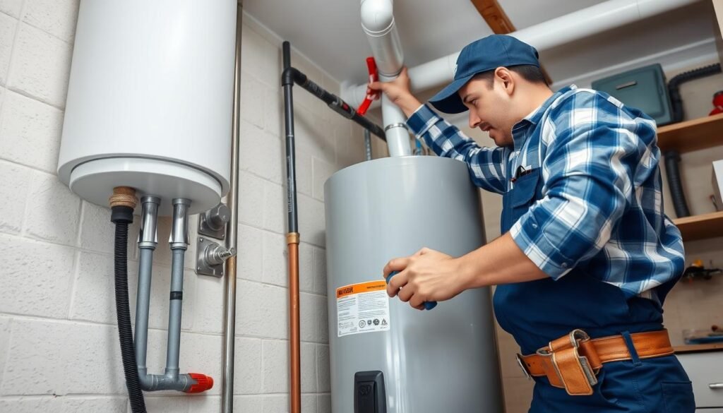 فني صحي فهد الأحمد يقوم بتركيب سخان مركزي