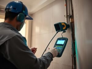 فني صحي يستخدم جهاز كشف تسربات المياه في منزل بالكويت