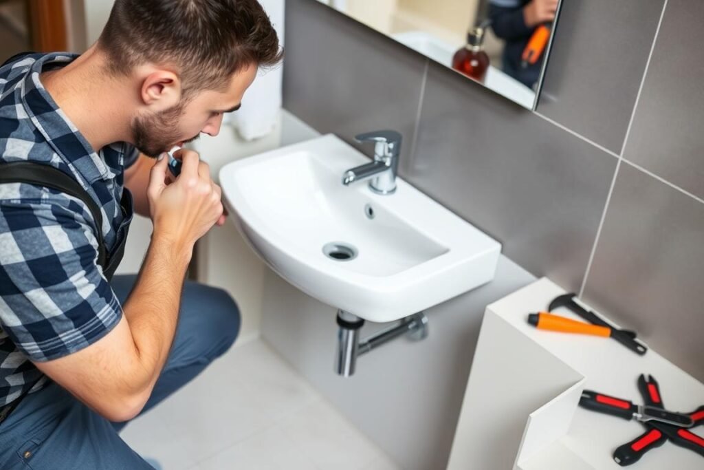 فني صحي يقوم بتركيب أدوات صحية في حمام بمنطقة فهد الأحمد