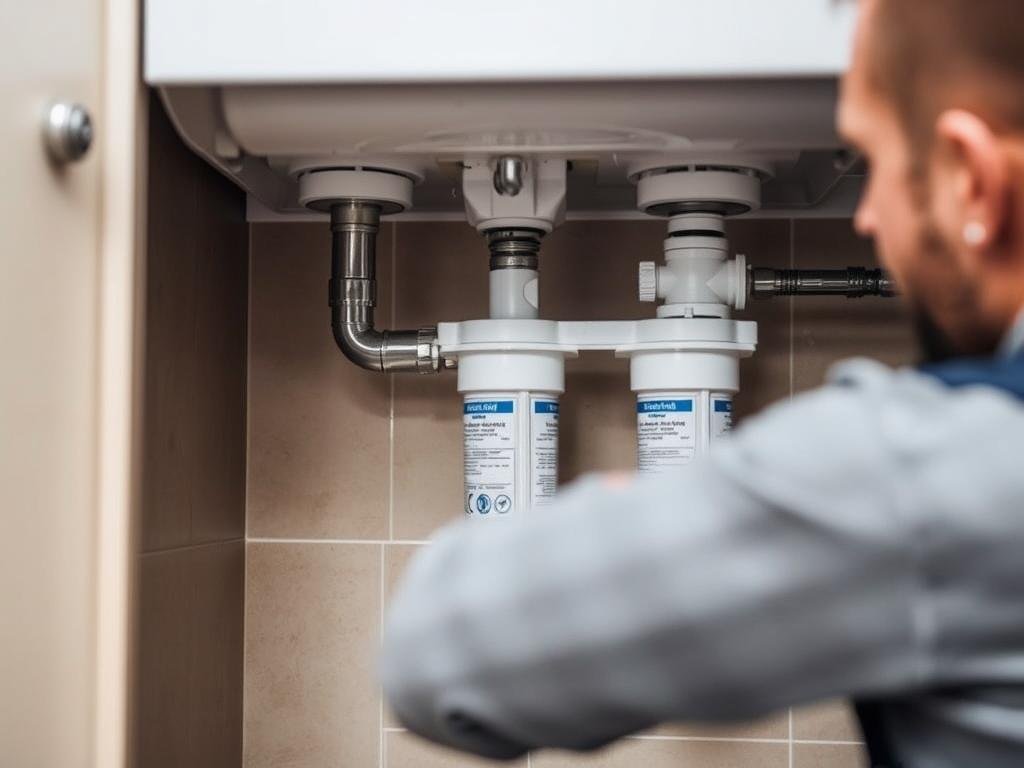 فني صحي يقوم بتركيب فلتر مياه في فهد الأحمد