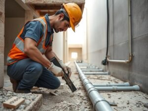 فني صحي يقوم بتمديد مواسير صرف صحي في مبنى بالكويت