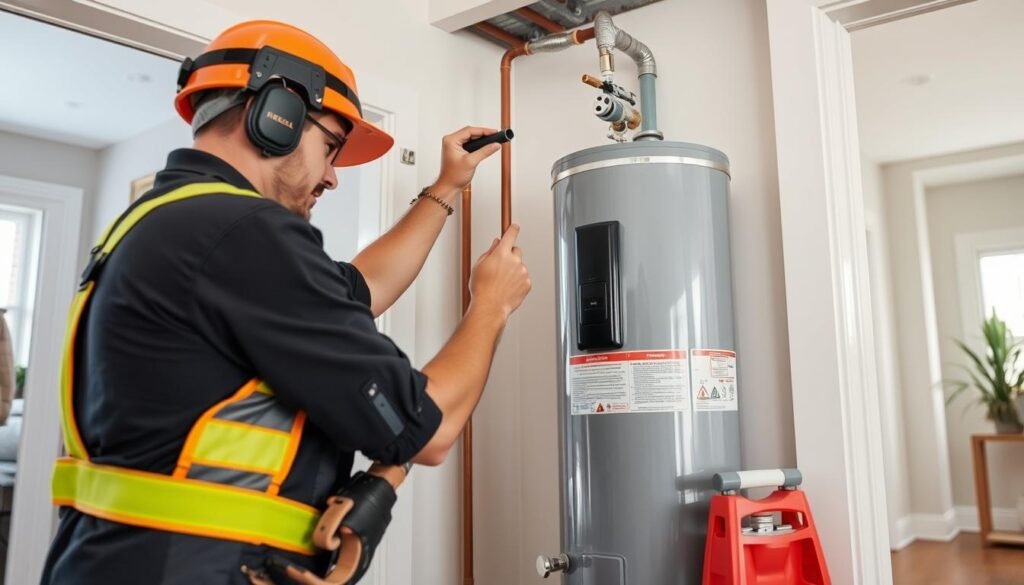 فني متخصص يقوم بتركيب سخان مياه بطريقة احترافية وآمنة
