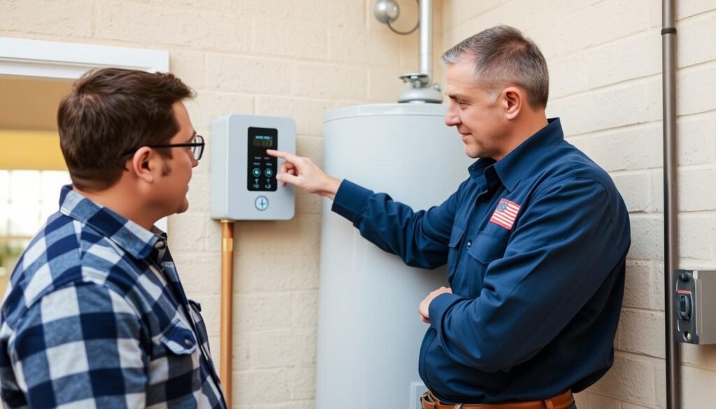 فني متخصص يقوم بتركيب سخانات ويشرح للعميل طريقة الاستخدام