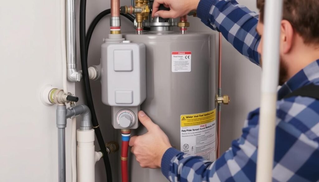 فني يقوم بتركيب سخانات مع كافة الملحقات والتجهيزات اللازمة