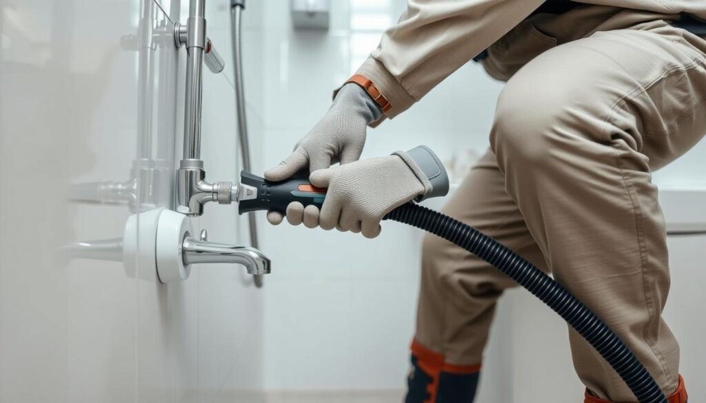 معلم تسليك مجاري يستخدم معدات متطورة لتسليك المجاري في الكويت