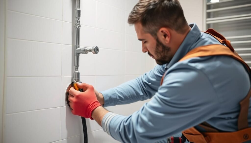 معلم صحي الكويت يقوم بإصلاح تسرب مياه في حمام