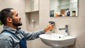 معلم صحي يقوم بتركيب أدوات صحية حديثة في حمام بالكويت