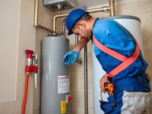 معلم صحي يقوم بتركيب سخان مياه في منزل بالكويت