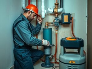 معلم صحي يقوم بتركيب مضخة مياه في منزل كويتي