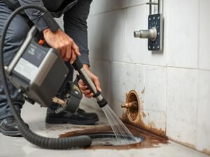 معلم صحي يقوم بتسليك مجاري مسدودة في الكويت