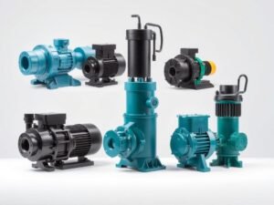 أنواع مختلفة من المضخات تشمل المضخات الطاردة المركزية والمضخات الغاطسة ومضخات الإزاحة الإيجابية
