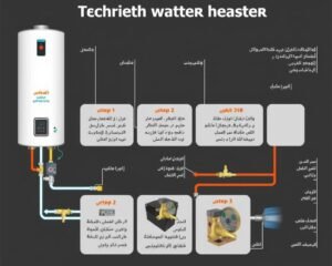 رسم توضيحي لخطوات تركيب سخان مركزي مع تفاصيل التوصيلات