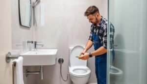 سباك الكويت يقوم بتركيب أدوات صحية في حمام حديث