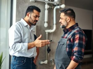 سباك صحي يقدم استشارة لعميل حول مشكلة في السباكة
