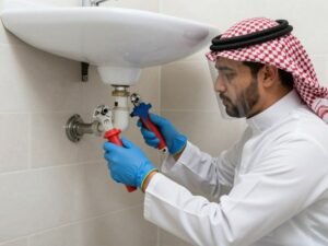 سباك صحي يقوم بإصلاح أنابيب الصرف الصحي بطريقة احترافية