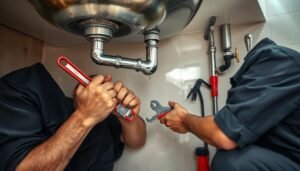 سباك صحي يقوم بإصلاح تسرب مياه في أنابيب المطبخ