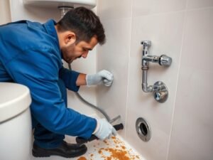 سباك صحي يقوم بتسليك انسداد في مجاري الحمام