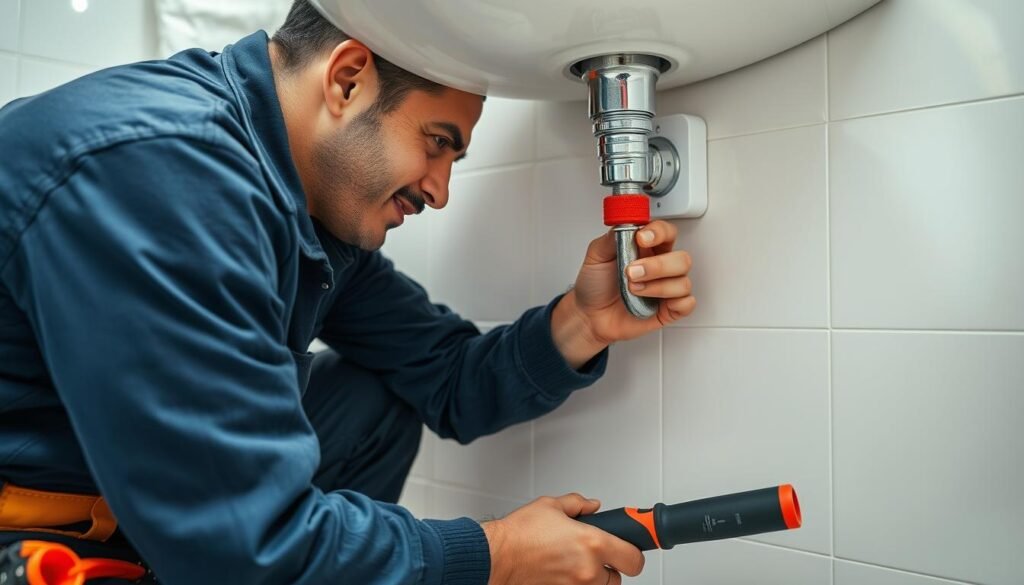 سباك في الاحمدي يقوم بإصلاح تسريب مياه