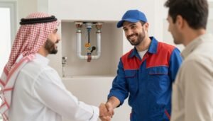 سباك محترف يقدم خدمة عالية الجودة مع ابتسامة الرضا من العميل