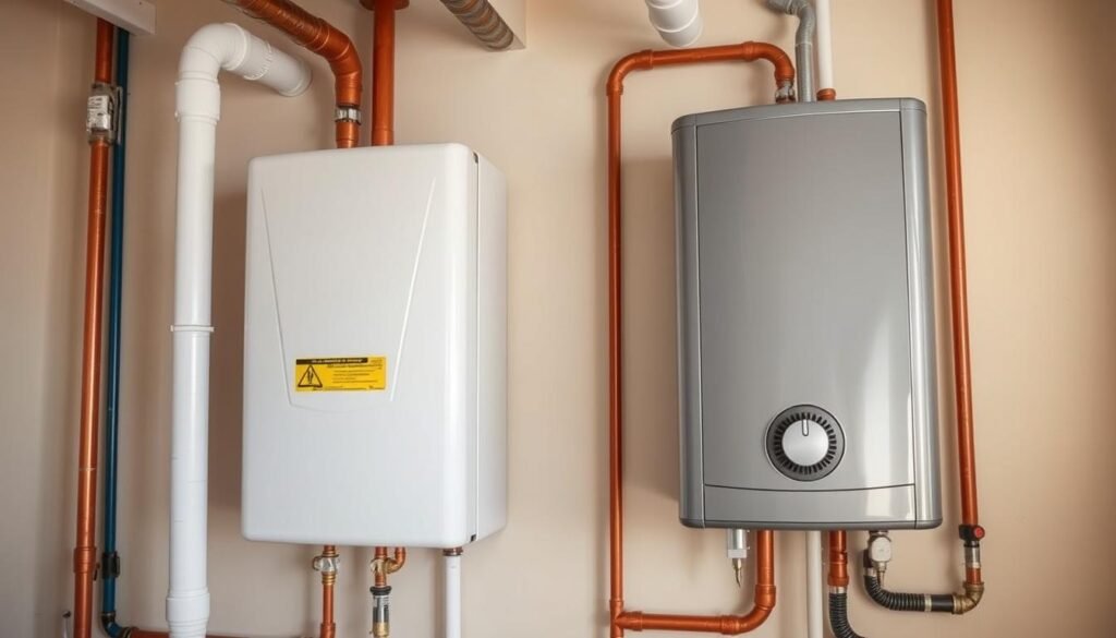 سخان مركزي مثبت في منزل حديث مع توصيلات أنابيب نظيفة