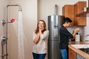 عائلة تستمتع بمياه ساخنة متوفرة بفضل تركيب سخان مركزي