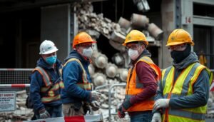 عمال يرتدون معدات السلامة أثناء تنفيذ أعمال التكسير عمال يرتدون معدات السلامة أثناء تنفيذ أعمال التكسير