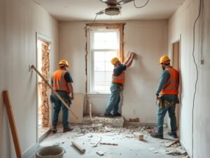 عمال يقومون بتكسير جدران في منزل قيد التجديد عمال يقومون بتكسير جدران في منزل قيد التجديد
