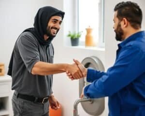 عميل راضٍ يتحدث مع فني صحي الكويت بعد إتمام الخدمة