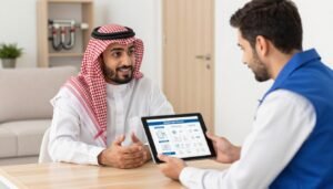 عميل يتحدث مع سباك محترف لاختيار الخدمة المناسبة