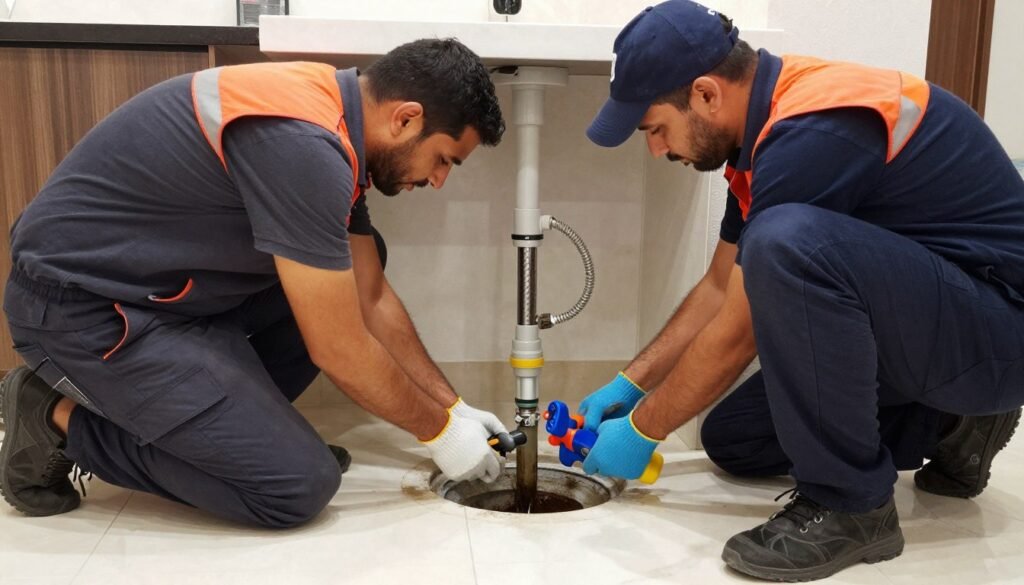 فريق تسليك مجاري متخصص يعمل على حل مشكلة انسداد في الكويت