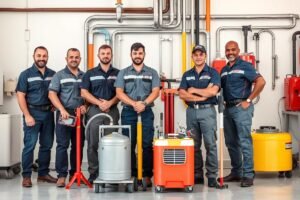 فريق سباك صحي محترف مع معدات متطورة