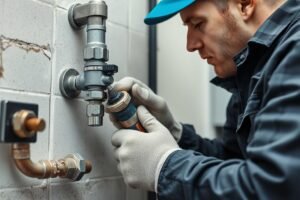 فني سباكة محترف يستخدم معدات حديثة لإصلاح تسرب