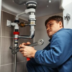 فني سباكة محترف يقوم بإصلاح تسرب مياه