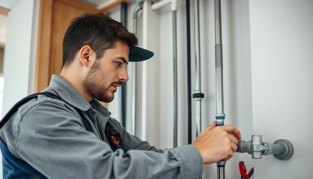 فني سباكة محترف يقوم بفحص أنابيب المياه