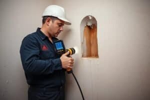 فني صحي الزهراء يقوم بالكشف عن تسرب مياه باستخدام أجهزة متطورة