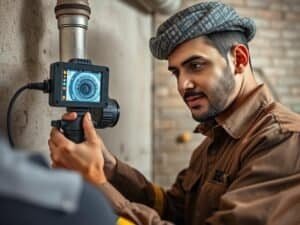 فني صحي الكويت يستخدم كاميرا فحص المواسير لتحديد مشكلة انسداد