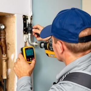 فني صحي في الجهراء يقوم بإصلاح تسريبات المياه