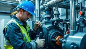 فني متخصص يقوم بتركيب واصلاح المضخات باستخدام معدات متطورة وخبرة عالية