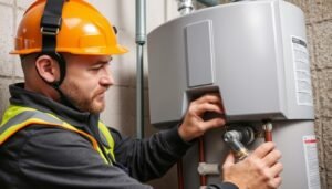 فني يقوم بصيانة سخان مركزي وفحص مكوناته