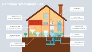 مخطط توضيحي لأماكن تسربات المياه الشائعة في المنزل - كشف الخرير وتسربات المياه