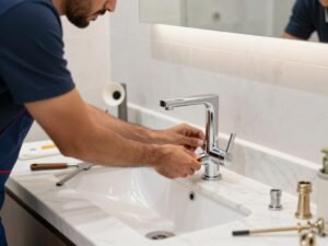 معلم سباك يقوم بتركيب خلاطات مياه حديثة في حمام